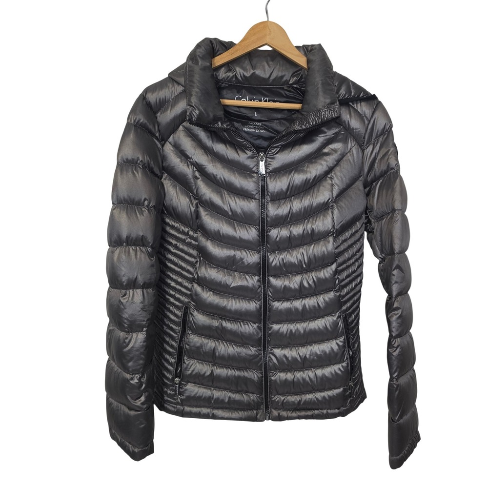 Calvin Klein Puffer Jacket Womens L Grey Excellent Packable Down Hooded Quilted